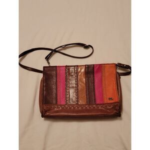 The Sak Striped Patch pink red Leather Pebbled Crossbody Shoulder Bag Purse